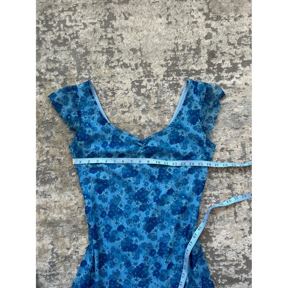 Vtg sleeveless blue floral lettuce hem sweetheart neckline mini dress formal M - Picture 5 of 5